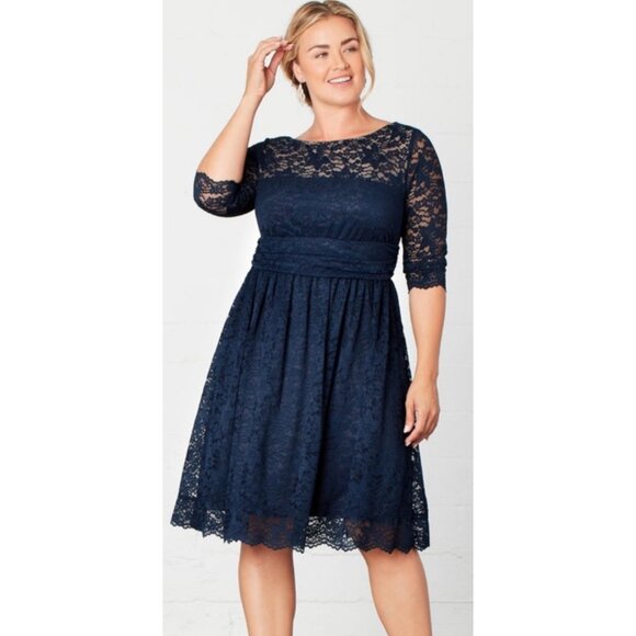 Kiyonna Luna Lace Dress Navy Cocktail Dress Beige Mesh Backing Scalloped Size 2X - Picture 1 of 6